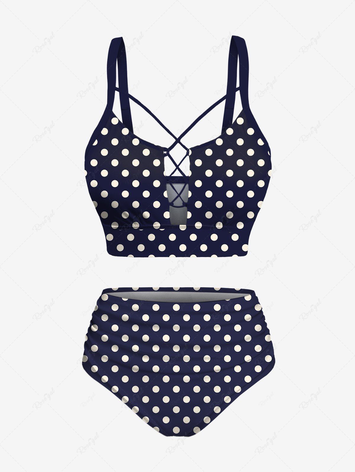 Fashion Plus Size Polka Dots Print Lace Up Panel Tankini Swimsuit  