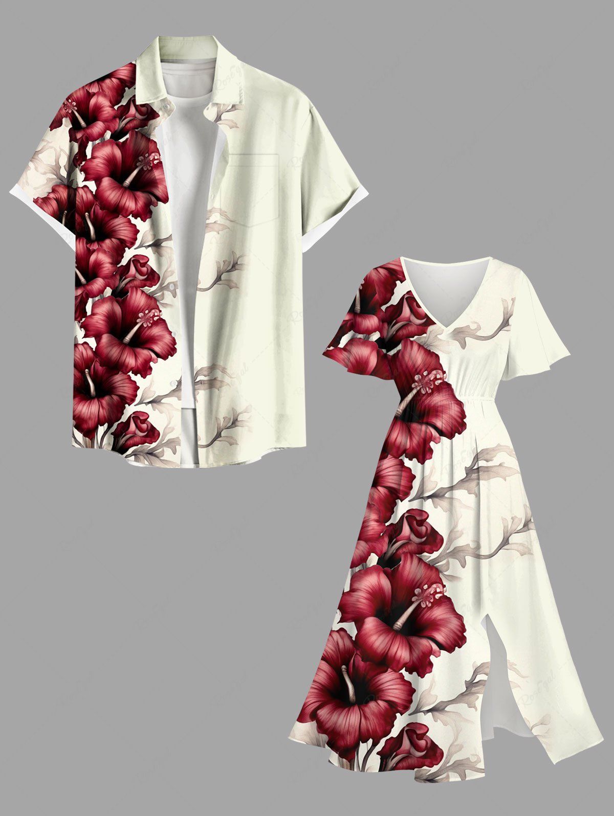 Online Hibiscus Flowers Tropical Print Plus Size Matching Hawaii Beach Outfit For Couples  