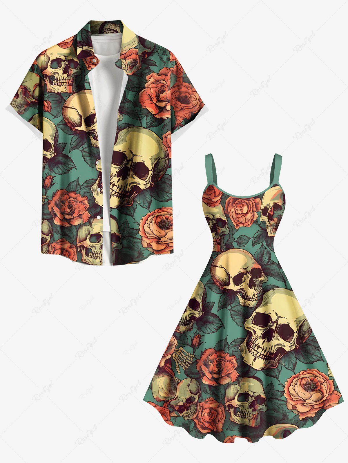 Sale Skulls Rose Flowers Leaf Print Plus Size Matching Hawaii Beach Outfit For Couples  