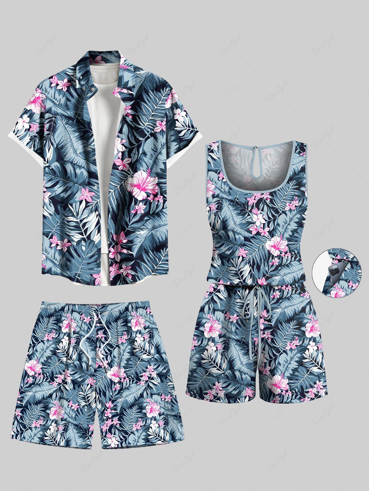 Tenue de plage hawaïenne assortie grande taille à imprimé feuilles tropicales et fleurs d'hibiscus pour couples Bleu 