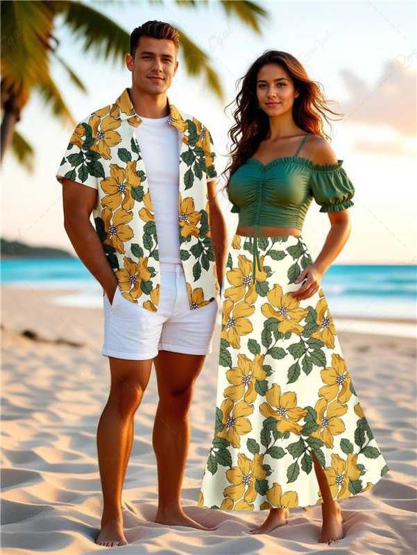 Tenue de plage hawaïenne assortie grande taille à imprimé fleurs et feuilles pour couples Vert 