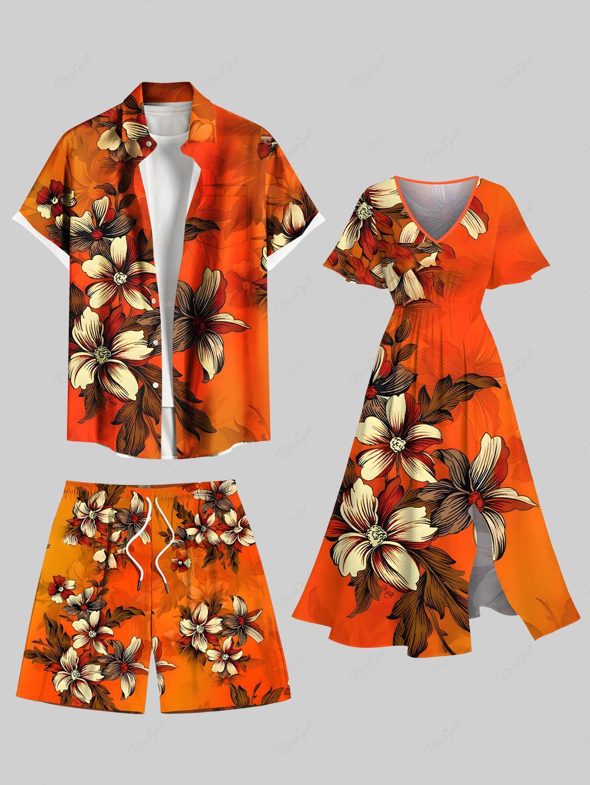 Tenue de plage hawaïenne assortie grande taille à imprimé floral et feuilles ombré pour couples Orange Foncé 