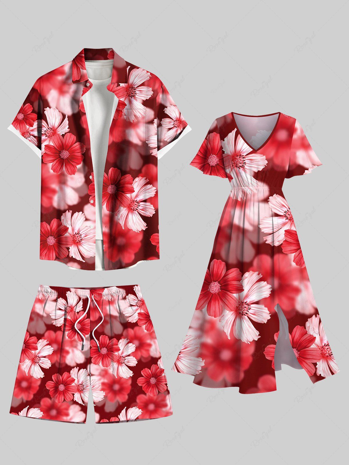 Tenue de plage hawaïenne assortie grande taille à imprimé marguerites ombré pour couples Rouge 