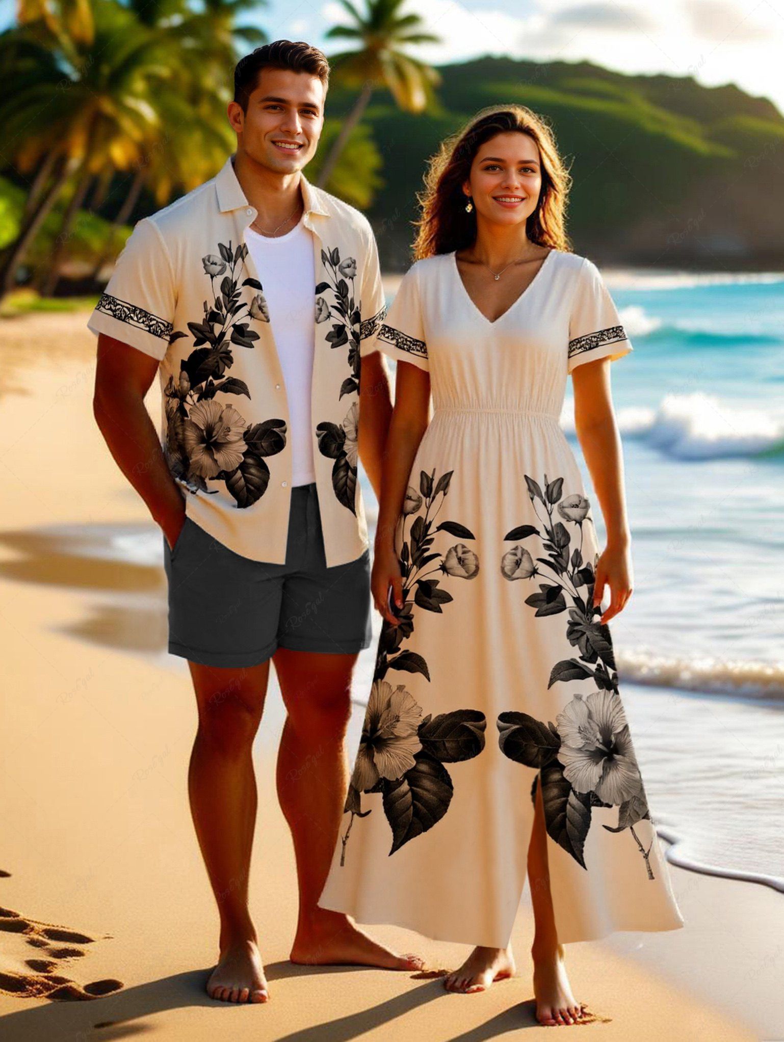 Unique Hibiscus Flower Leaf Branch Ethnic Print Plus Size Matching Hawaii Beach Outfit For Couples  
