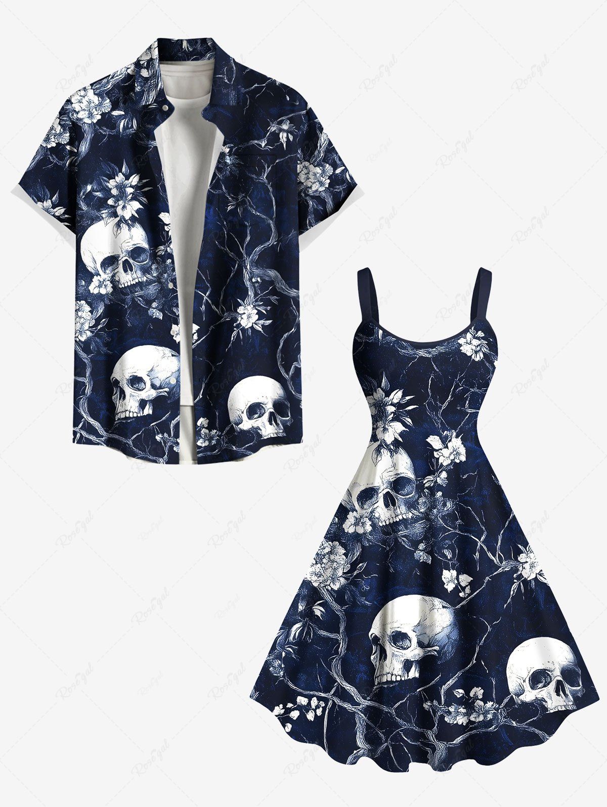 Latest Skull Tree Flower Print Plus Size Matching Hawaii Beach Outfit For Couples  