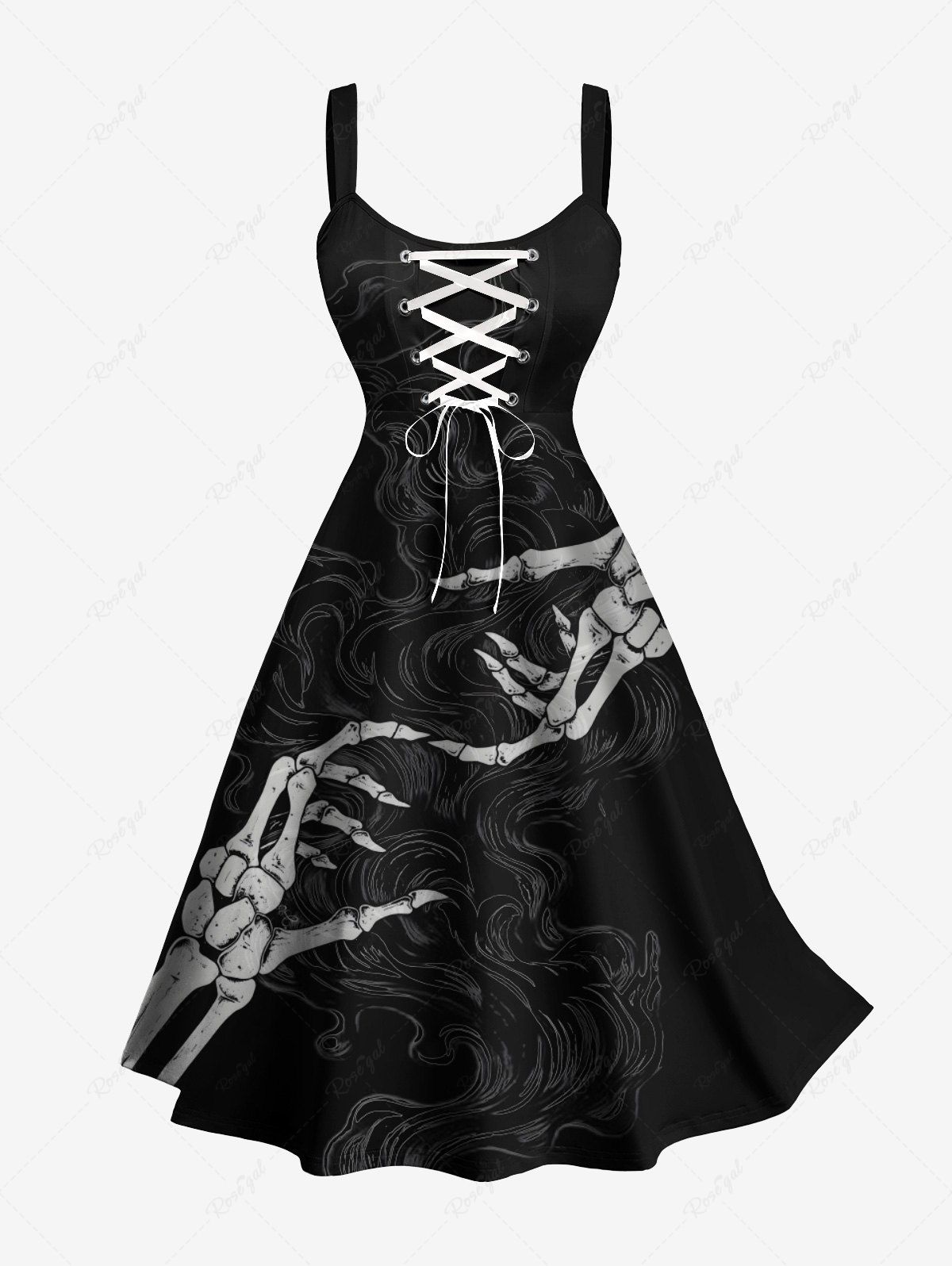 Fancy Plus Size Skeleton Lover Print Lace Up A Line Tank Dress  