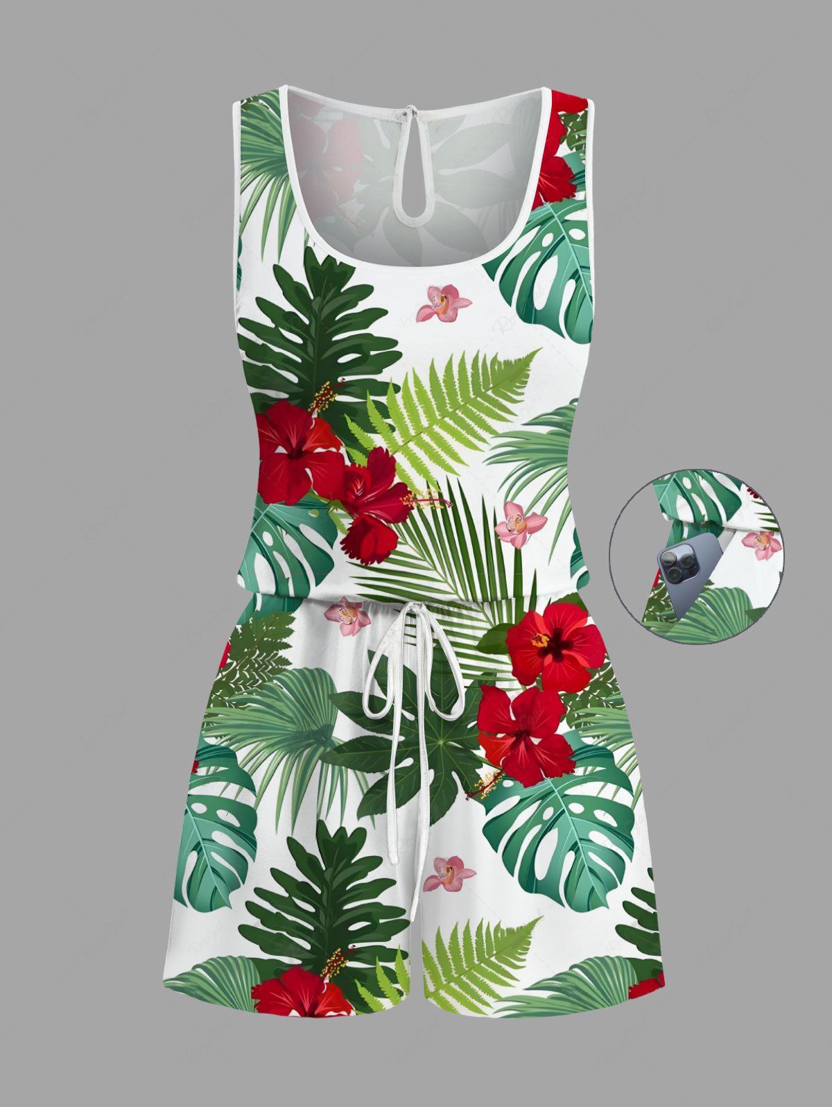 Combinaison hawaïenne grande taille à imprimé feuilles tropicales et fleurs d'hibiscus avec cordon de serrage et poches Vert 6X