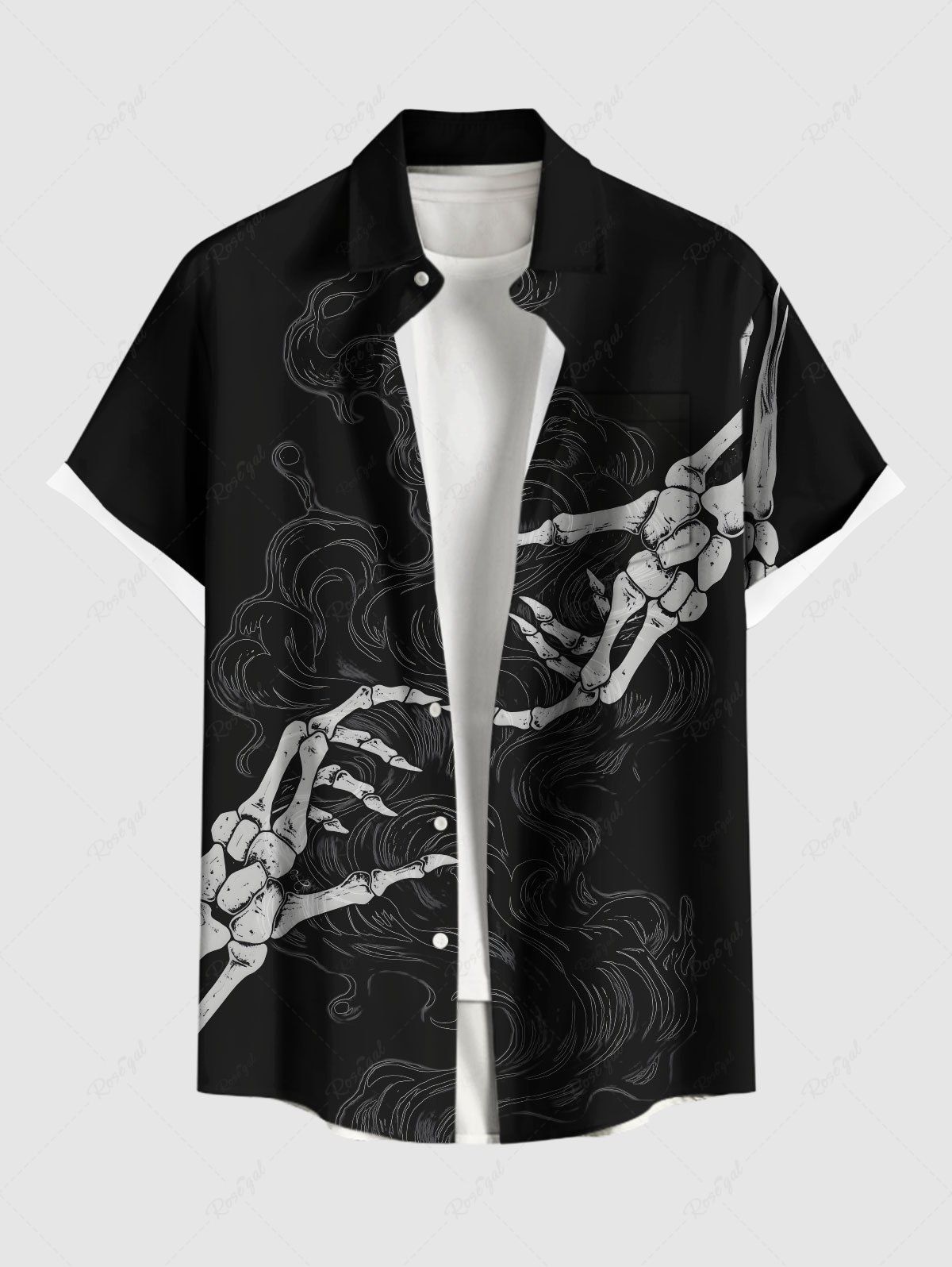 Trendy Plus Size Skeleton Lover Print Button Pocket Shirt For Men  