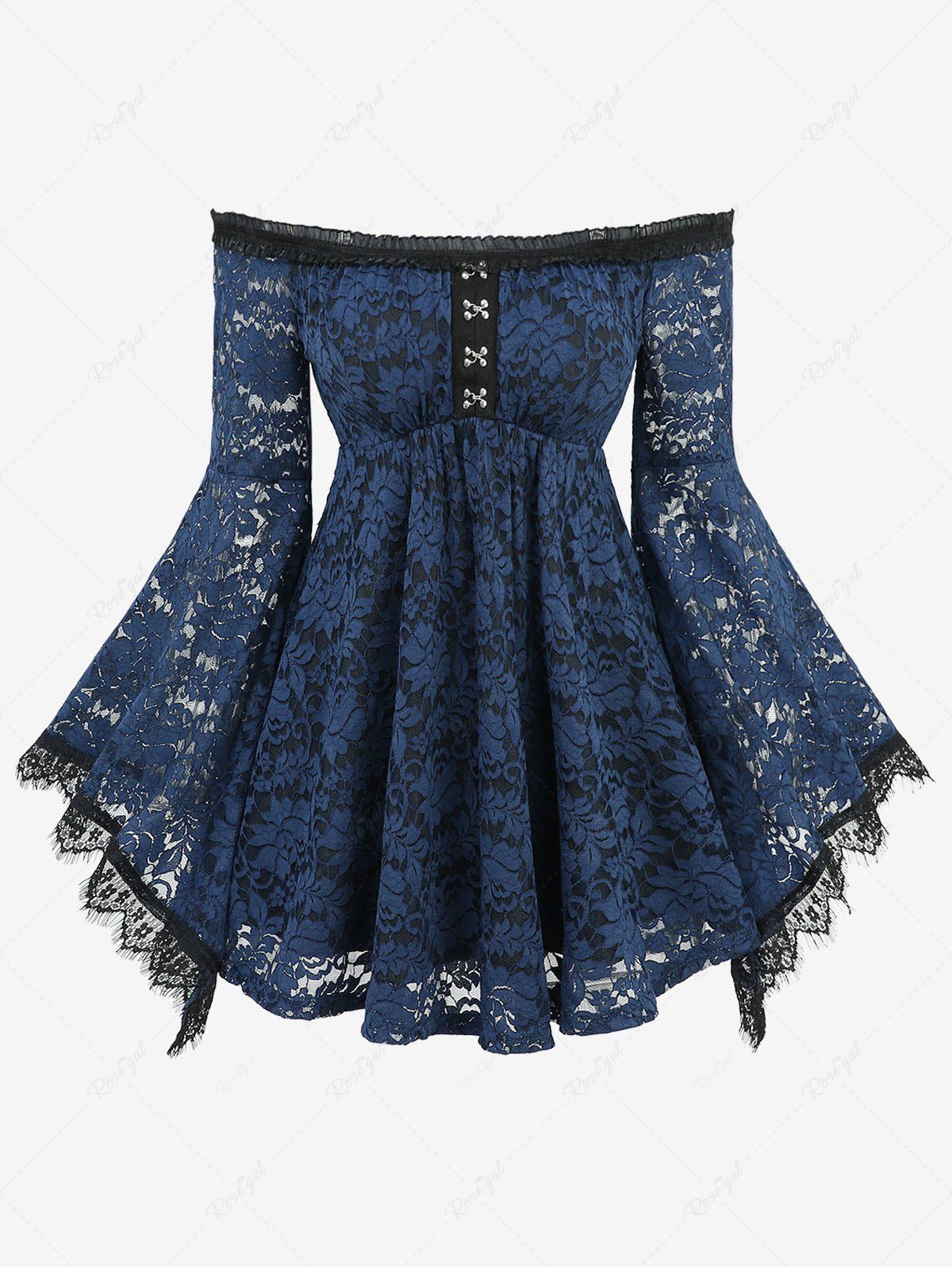 Haut à manches évasées avec superposition de dentelle fleurie et crochets et œillets avec bandoulière amovible Bleu profond S