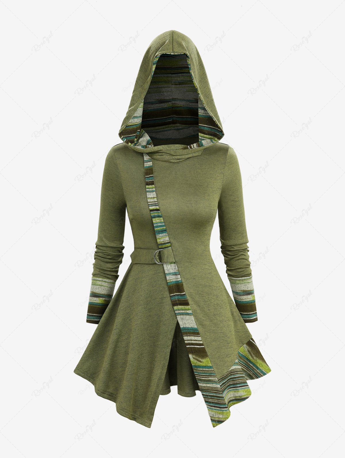 Haut à capuche asymétrique à manches longues et imprimé patchwork à rayures Vert profond XXXL