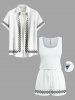 Ensemble chemise et barboteuse hawaïennes assorties, grande taille, tenue de plage à motifs ethniques et imprimés tribaux pour couples - Blanc 