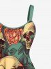 Plus Size Skulls Rose Flowers Leaf Print Hawaii Tank Dress -  