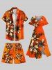 Plus Size Ombre Flower Leaf Branch Print Hawaii Drawstring Pocket Beach Shorts For Men -  