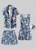 Short de plage hawaïen grande taille à imprimé feuilles tropicales et fleurs d'hibiscus pour homme - Noir 6XL