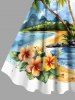 Robe débardeur grande taille à imprimé paysage marin hawaïen, motif cocotier, hibiscus et fleurs - Bleu 6X