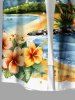 Plus Size Coconut Tree Hibiscus Flower Seascape Print Hawaii Button Pocket Shirt For Men -  