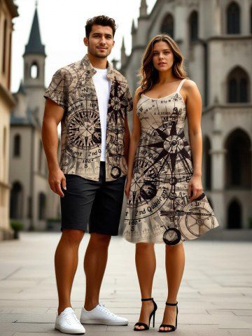 Travel Sea Nautical Compass Cruise Print Plus Size Matching Beach Outfit For Couples - COFFEE