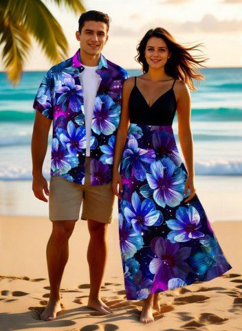 Flowers Galaxy Star Print Plus Size Matching Hawaii Beach Outfit For Couples - BLACK