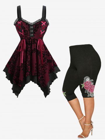 Floral Plaid Flocking Lace-up Tank Top and Rose Printed High Waist Capri Leggings Plus Size Outfit - DEEP RED