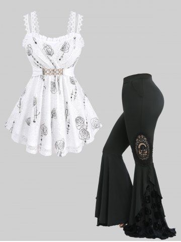 Rose Print Lace Trim Surplice Tank Top and Skull Flocking Appliques Flare Pants Plus Size Outfit - WHITE