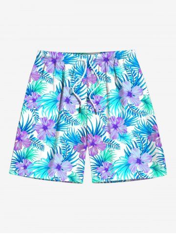 Plus Size Hibiscus Flowers Tropical Leaf Print Hawaii Beach Shorts For Men - LIGHT BLUE - 8XL