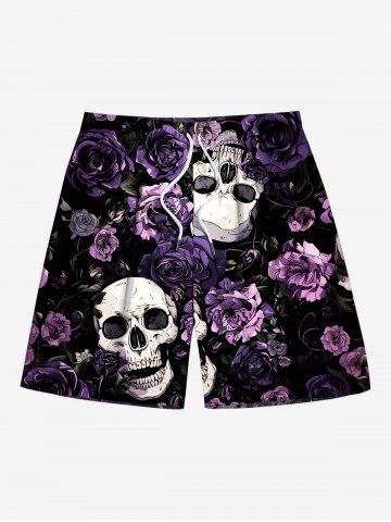 Plus Size Skulls Rose Flowers Print Hawaii Beach Shorts For Men - BLACK - 7XL