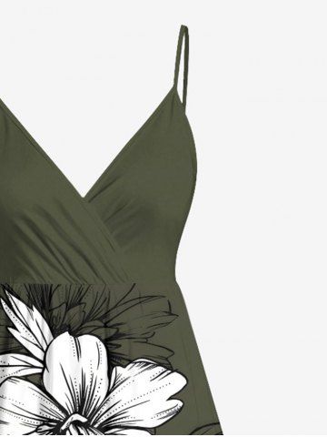 Plus Size Flowers Leaf Print Surplice Hawaii Cami Dress