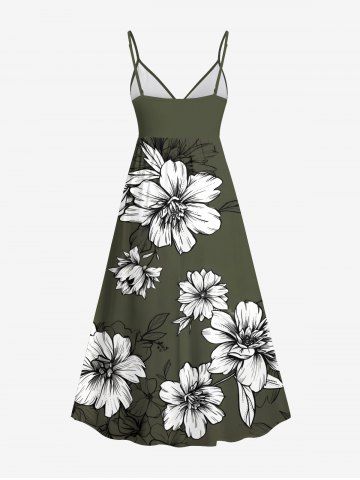 Plus Size Flowers Leaf Print Surplice Hawaii Cami Dress