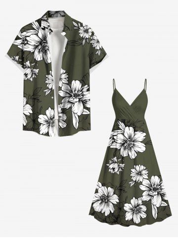 Plus Size Flowers Leaf Print Surplice Hawaii Cami Dress