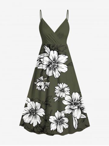 Plus Size Flowers Leaf Print Surplice Hawaii Cami Dress - DEEP GREEN - 6X