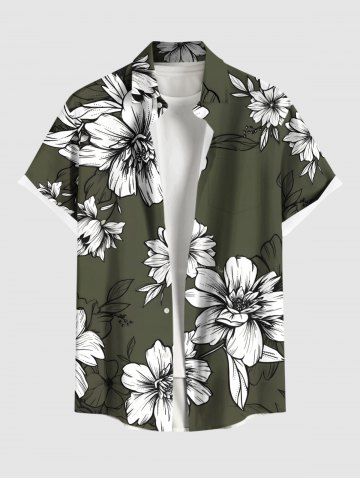 Plus Size Flowers Leaf Print Buttons Pocket Hawaii Shirt For Men - GREEN - 4XL