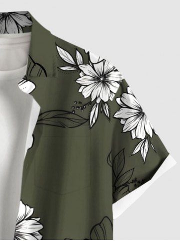 Plus Size Flowers Leaf Print Buttons Pocket Hawaii Shirt For Men