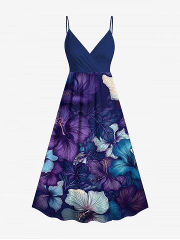Plus Size Hibiscus Flowers Print Surplice Hawaii Cami Dress - PURPLE - 6X