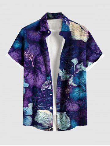 Plus Size Hibiscus Flowers Print Buttons Pocket Hawaii Shirt For Men - PURPLE - 6XL
