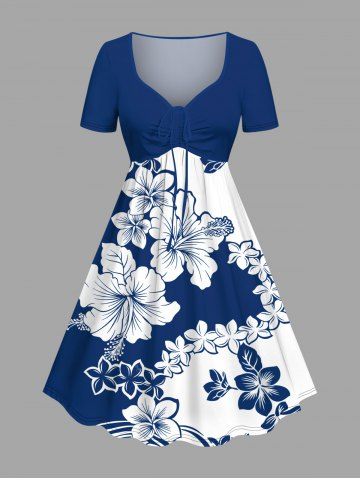 Plus Size Two Tone Hibiscus Flowers Colorblock Print Cinched Hawaii Dress - BLUE - XXS