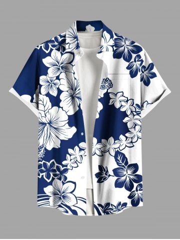 Plus Size Two Tone Hibiscus Flowers Colorblock Print Buttons Pocket Hawaii Shirt For Men - BLUE - 4XL