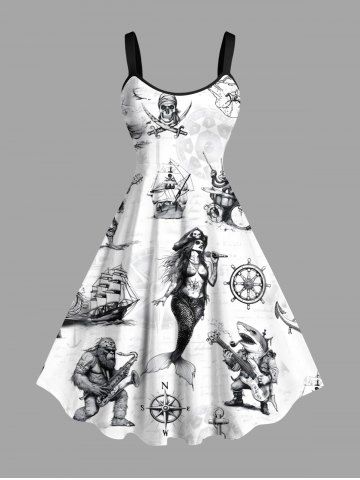 Plus Size Skull Pirate Mermaid Ship Rudder Cruise Print Hawaii Tank Dress - WHITE - M