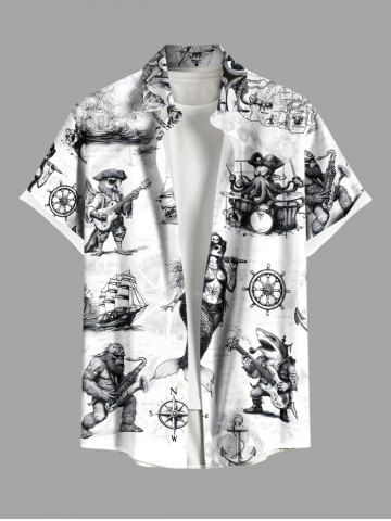 Plus Size Skull Pirate Mermaid Ship Rudder Cruise Print Buttons Pocket Hawaii Shirt For Men - WHITE - 4XL