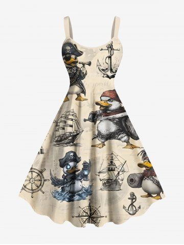 Plus Size Duck Pirate Anchor Ship Rudder Print Hawaii Tank Dress - LIGHT COFFEE - L