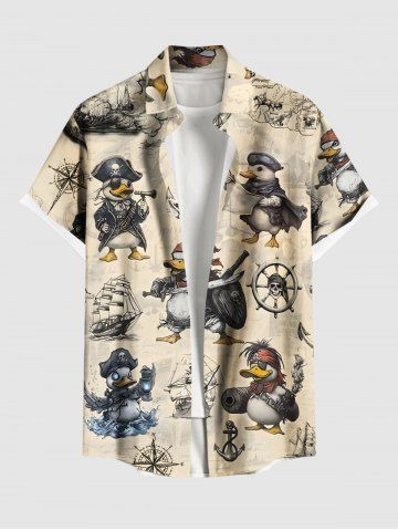 Plus Size Duck Pirate Anchor Ship Rudder Print Buttons Pocket Hawaii Shirt For Men - LIGHT COFFEE - 2XL