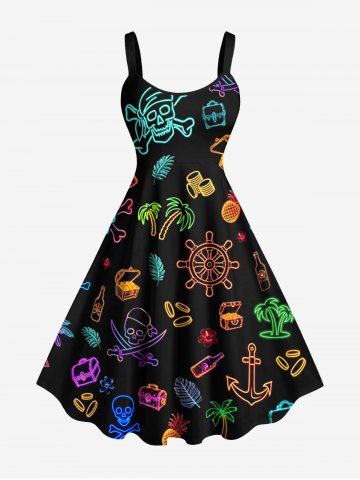 Plus Size Coconut Tree Skull Pirate Pineapple Ship Rudder Print Hawaii Tank Dress - BLACK - 1X