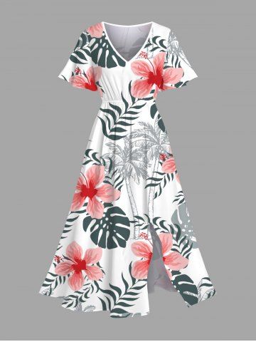 Plus Size Coconut Tree Tropical Leaf Hibiscus Flowers Print Split Hawaii Midi Dress - WHITE - M
