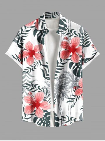 Plus Size Coconut Tree Tropical Leaf Hibiscus Flowers Print Buttons Pocket Hawaii Shirt For Men - WHITE - 4XL