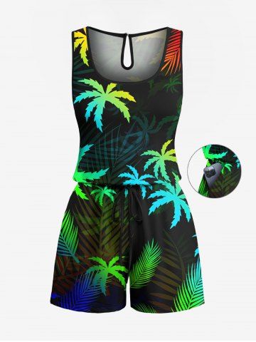 Plus Size Coconut Tree Tropical Leaf Print Cinched Hawaii Romper - BLACK - L