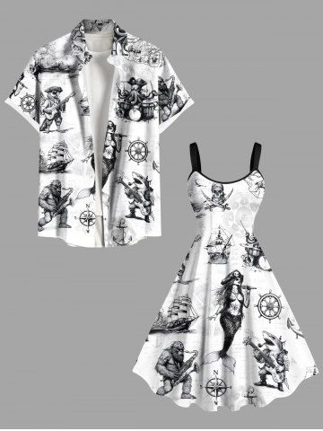 Skull Pirate Mermaid Ship Rudder Cruise Print Plus Size Matching Hawaii Beach Outfit For Couples - WHITE
