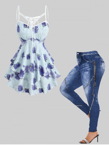 Rose Flower Tie Dye Graphic Textured Top and 3D Denim Print Leggings Plus Size Outfit