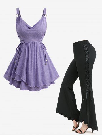 O-Ring Lace Up Ruffles Marled Top and Scalloped Hem Solid High Low Asymmetric Flare Pants Plus Size Outfit - PURPLE