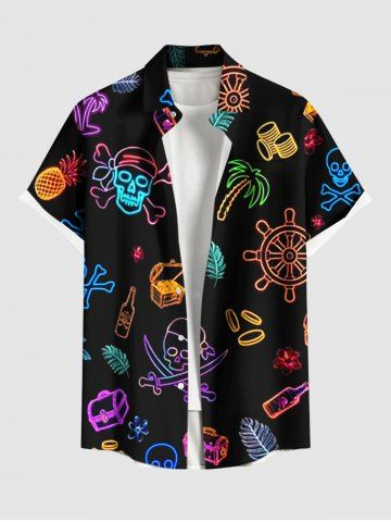 Plus Size Coconut Tree Skull Pirate Pineapple Ship Rudder Print Buttons Pocket Hawaii Shirt For Men - WHITE - 4XL