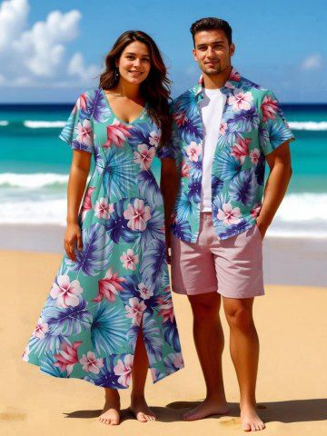 Tropical Leaf Hibiscus Flower Print Plus Size Matching Hawaii Beach Outfit For Couples - LIGHT GREEN