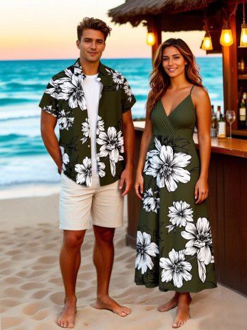 Flowers Leaf Print Plus Size Matching Hawaii Beach Outfit For Couples - DEEP GREEN